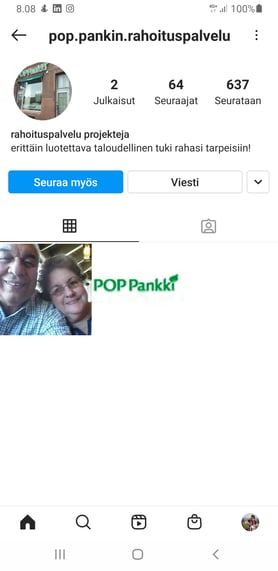 Kuvakaappaus Instagramiin perustetusta feikkiprofiilista POP Pankin nimissä