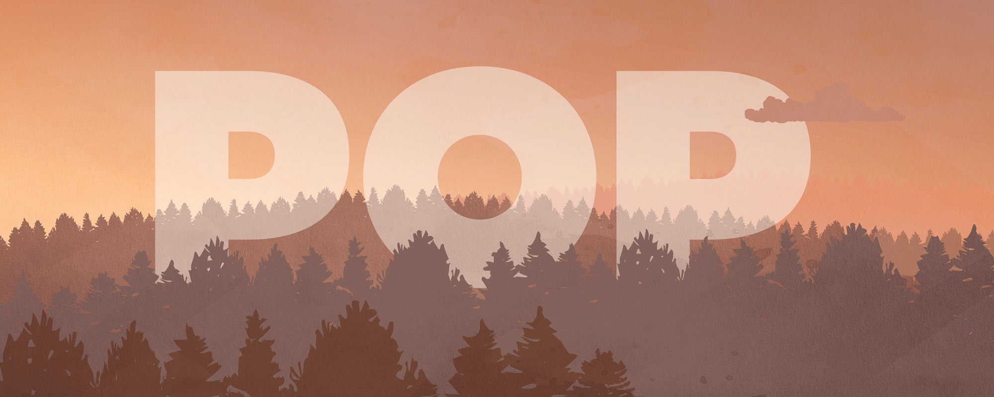 POP logo ja punertava metsä, kuvituskuva. 