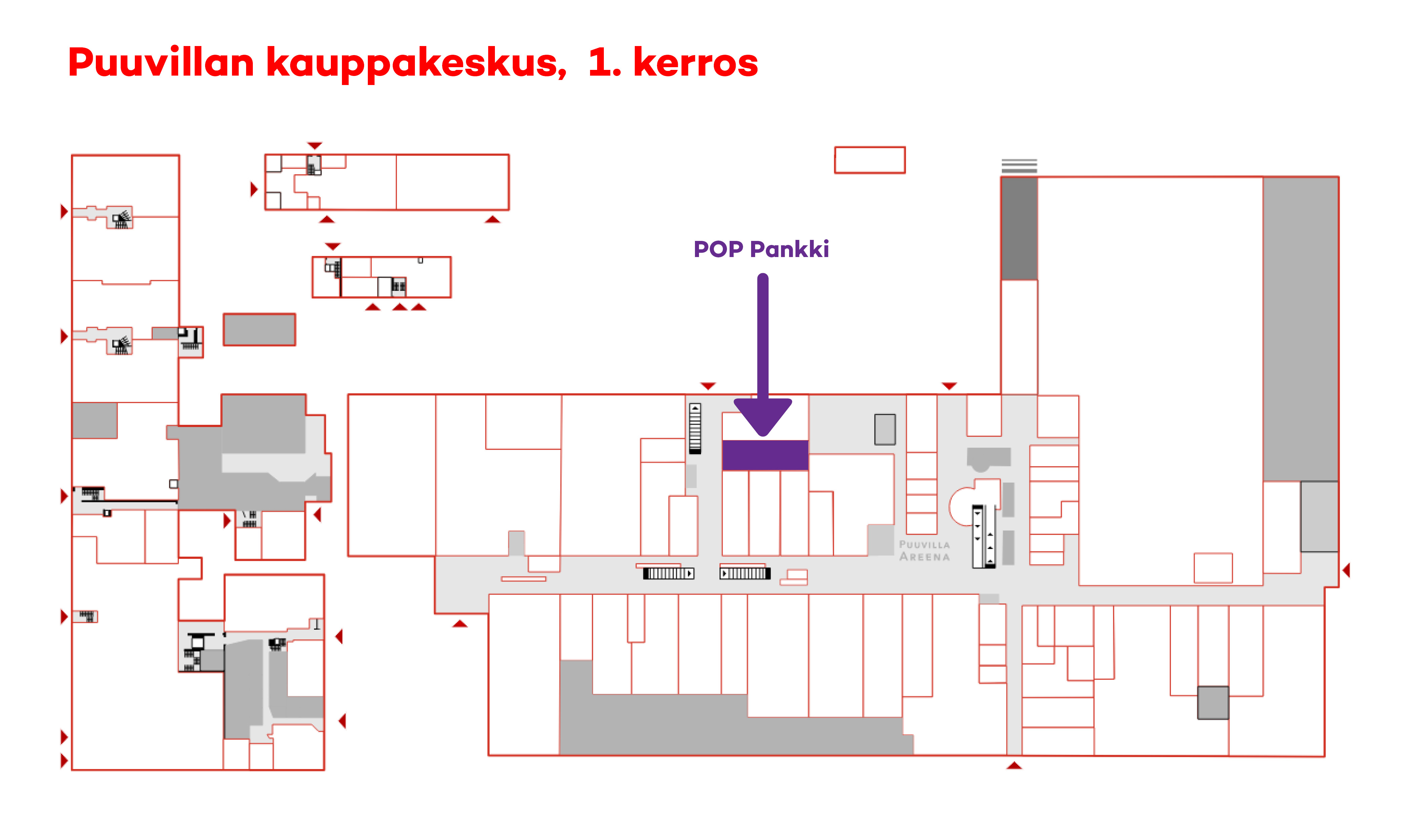 Piirroskartta POP Pankin sijainnista Puuvillan kauppakeskuksessa.