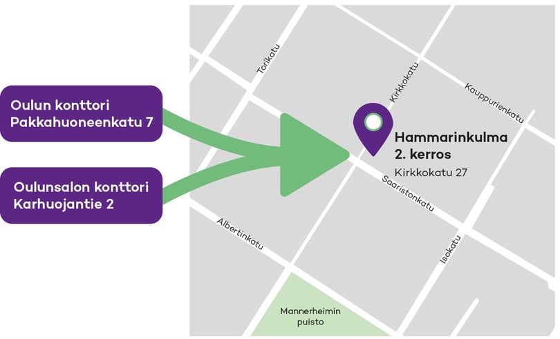 Karttakuva Oulun konttorin uudesta sijainnista.