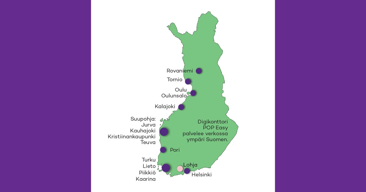 Suomen kartta, jossa Suomen Osuuspankin konttorit kartalla.