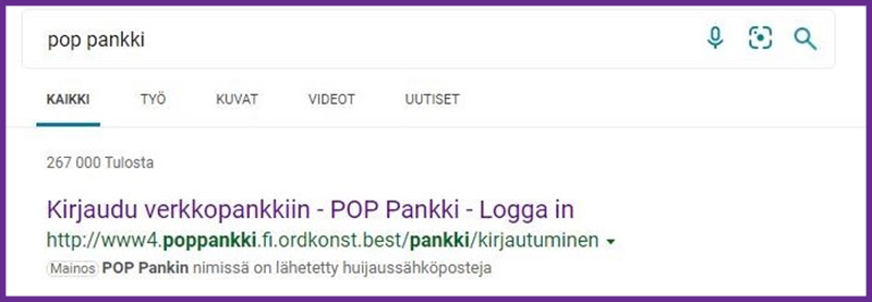 Kuvassa näkyy hakukoneen tulos, joka ohjaa huijaussivustolle. 