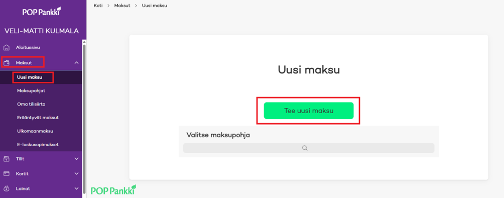 Uusi maksu -painike