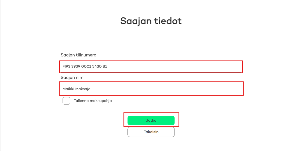 Saajan tiedot -näkymä